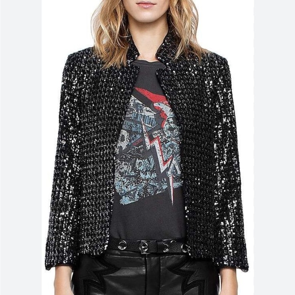 Zadig & Voltaire Volly Sequin Deluxe Jacket Black Small Kyle Richards Holiday - Picture 3 of 10